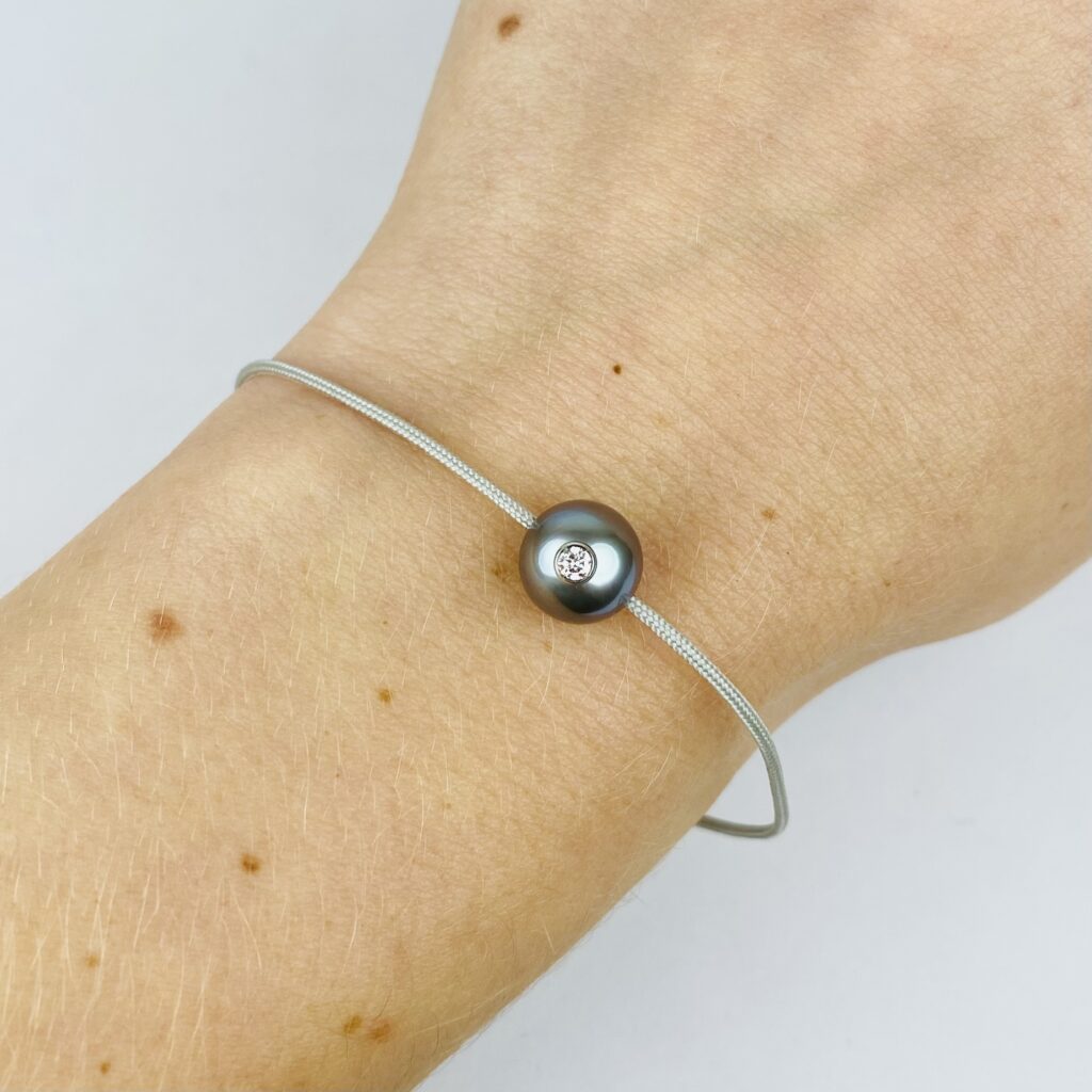 Bracelet Ancien Argent Massif Poinçon - Style Art Déco Avec Perle De Tahiti Grise